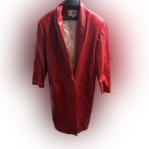Vintage 80s G-III red leather double button trench length coat